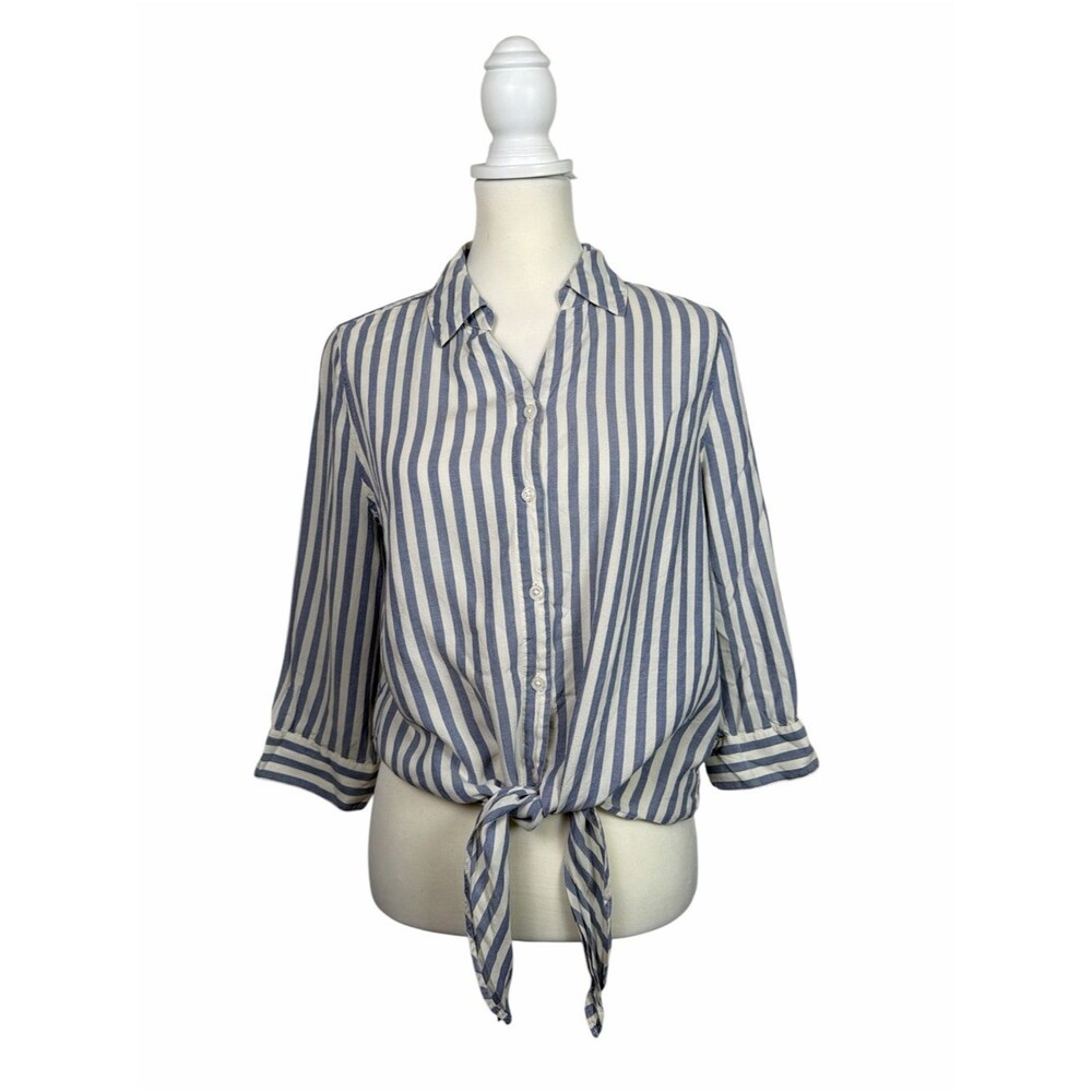 Chico’s Blue White Striped Tie Front Lyocell Blouse Womens Coastal Button Up Top